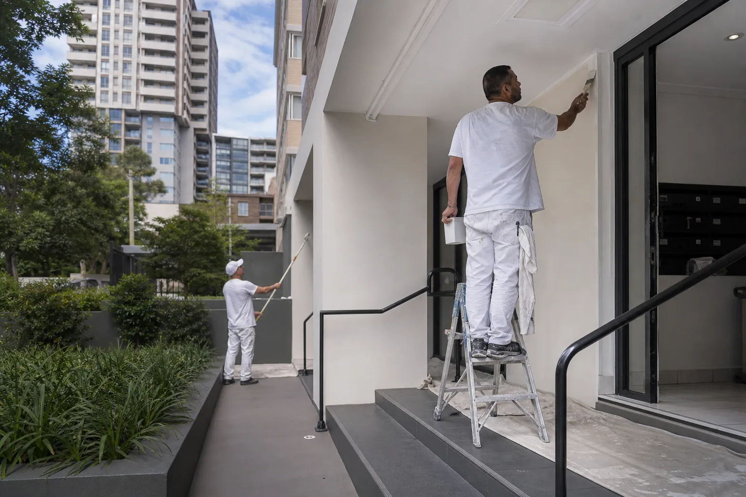 Painters refreshing a Takapuna apartment entrance