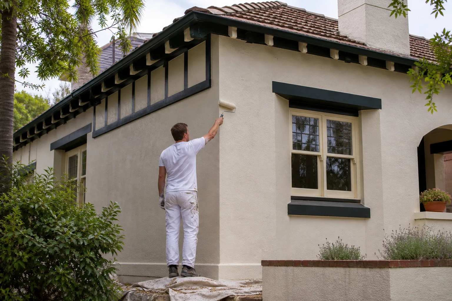 Painter coating the rendered exterior of a Stanley Bay home
