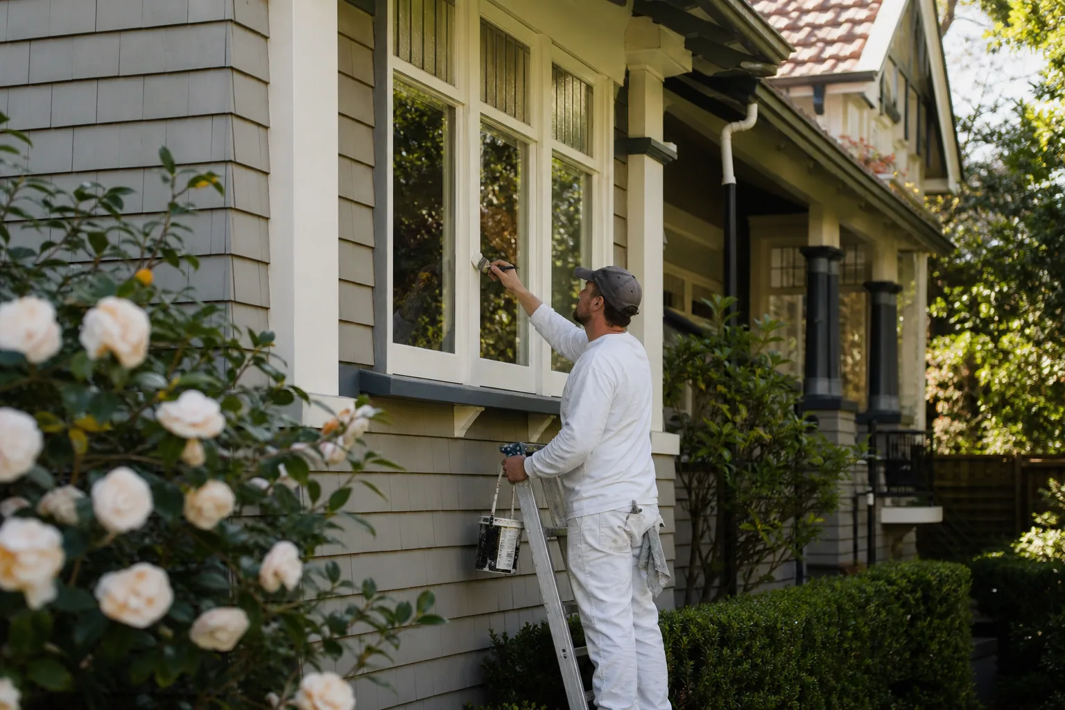 Painter restoring trim on a Forrest Hill family home