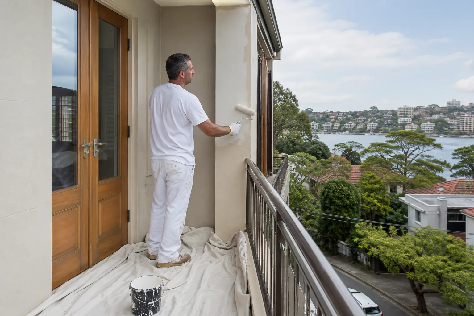 Painter repainting a Takapuna Beach apartment balcony