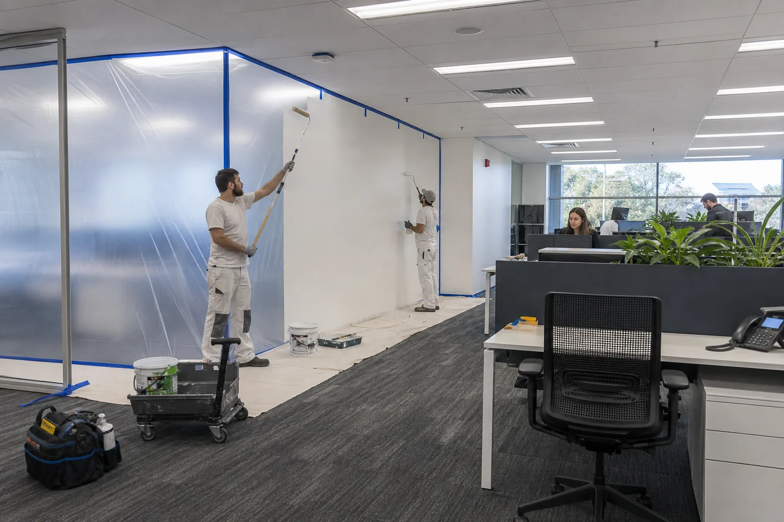 Painters working in a staged section of an operating office