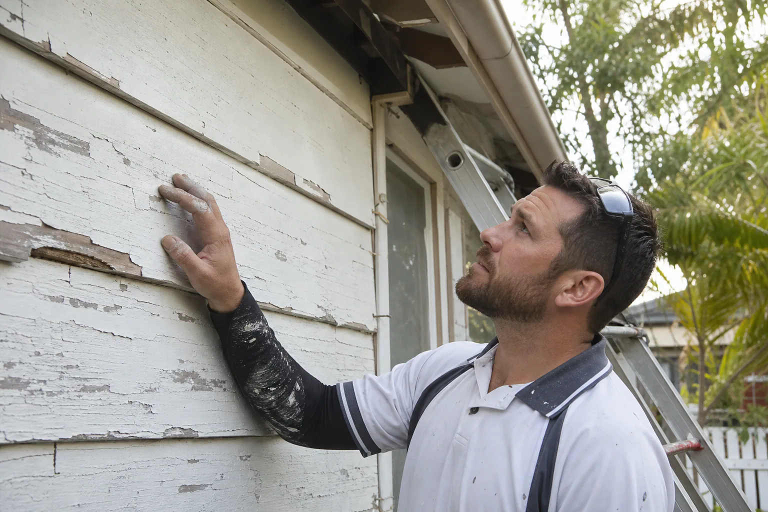 Painter inspecting failed exterior paint and access