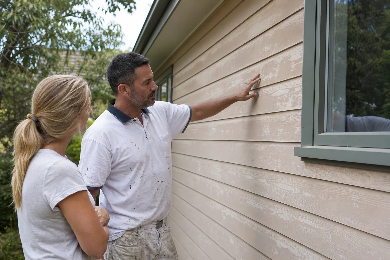 Painter and homeowner inspecting sun-faded exterior paint