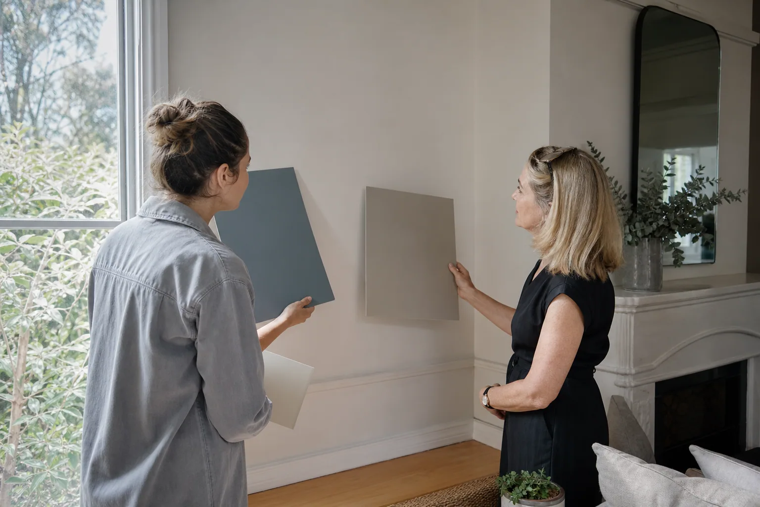 Colour consultant and homeowner comparing interior finish samples