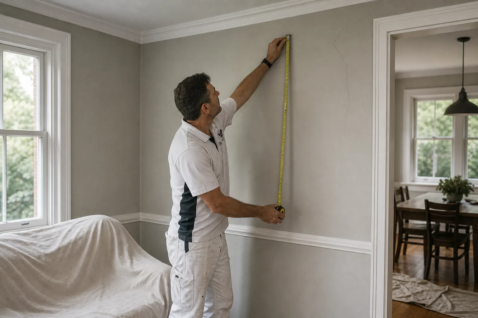 Painter measuring and assessing an interior before quoting