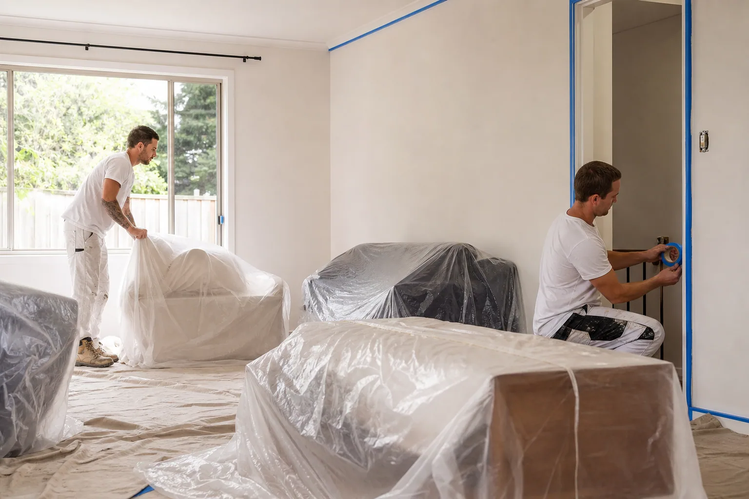 Painters covering furniture and preparing a room