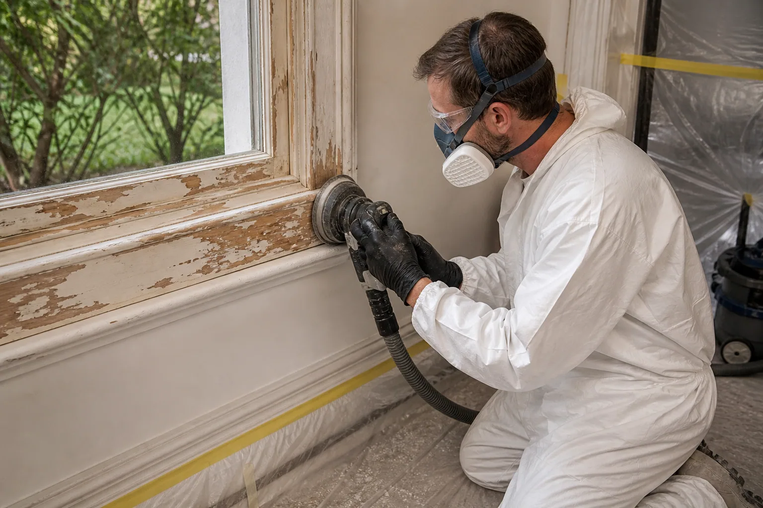 Painter safely stripping old paint with dust extraction