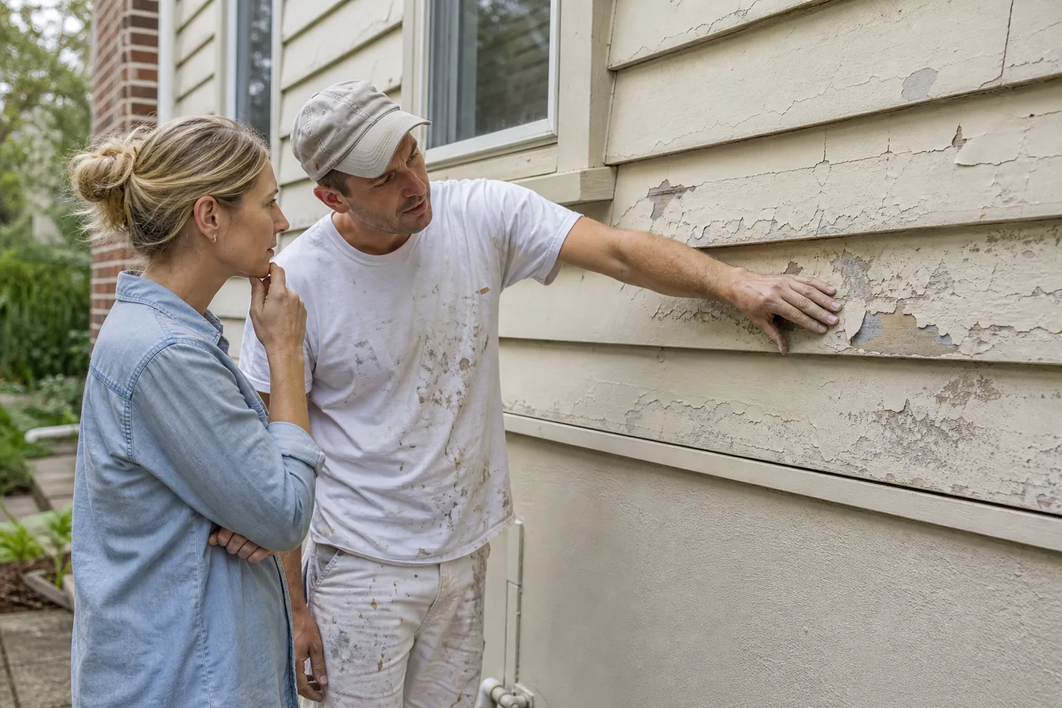 Painter showing a homeowner flaking and chalking exterior paint
