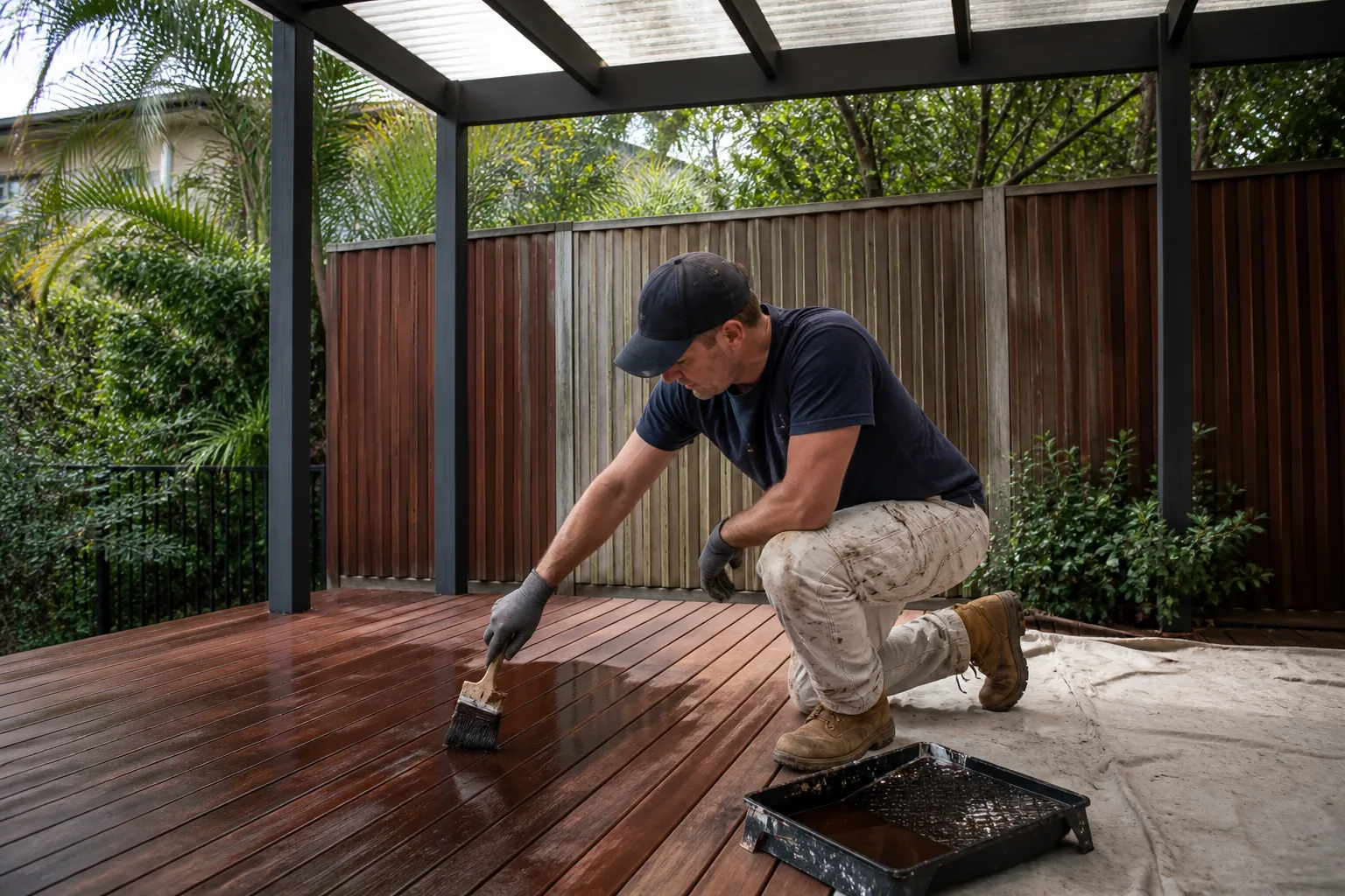Freshly painted timber paling fence around a North Shore garden