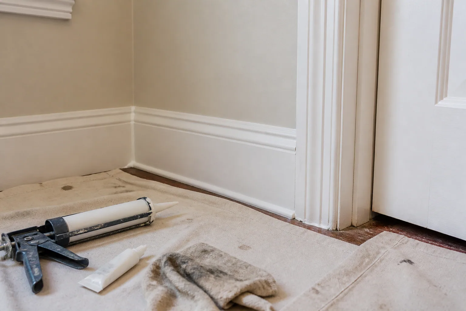 Freshly filled joints along skirting and door trim