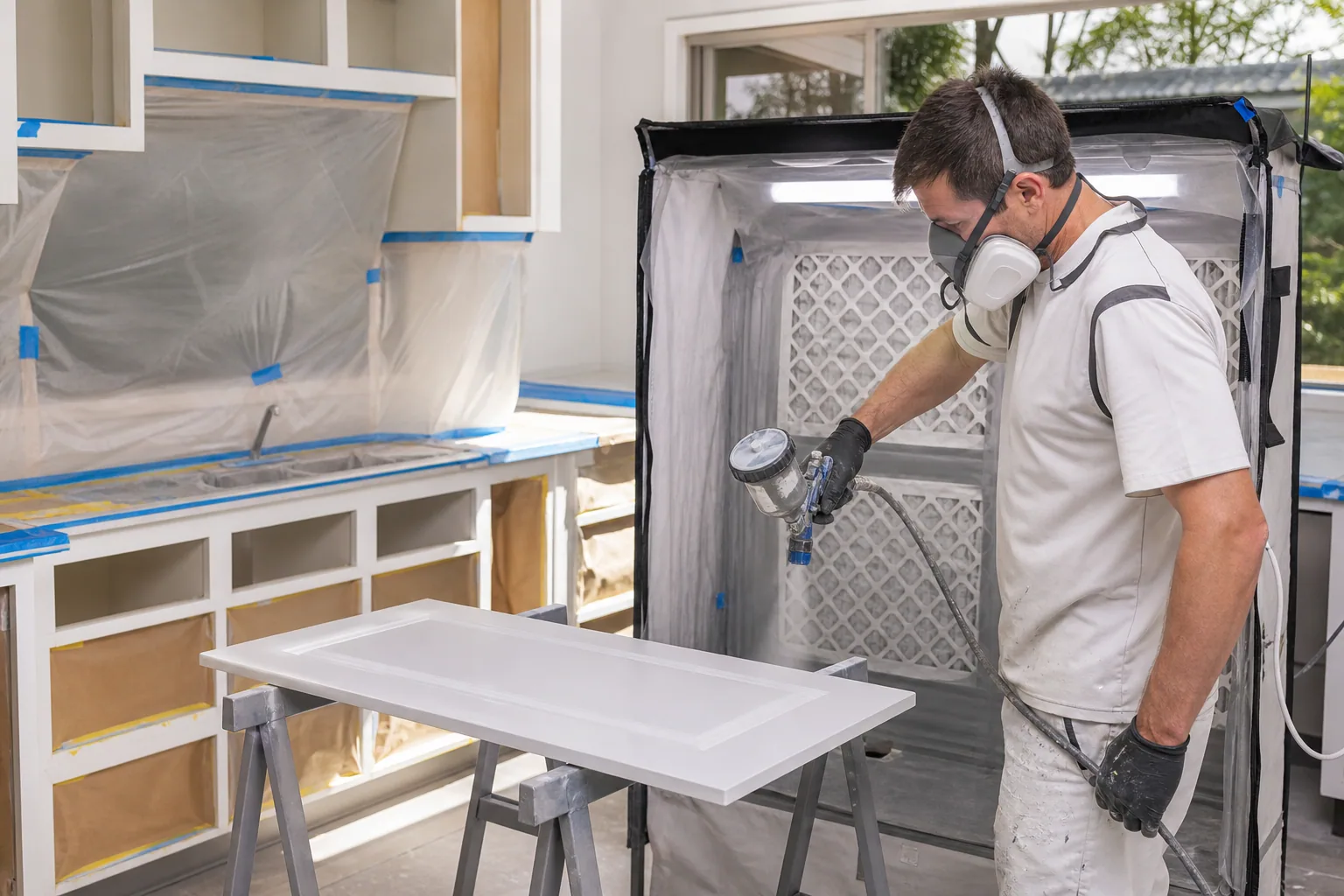 Cabinet refinisher spraying a prepared kitchen door