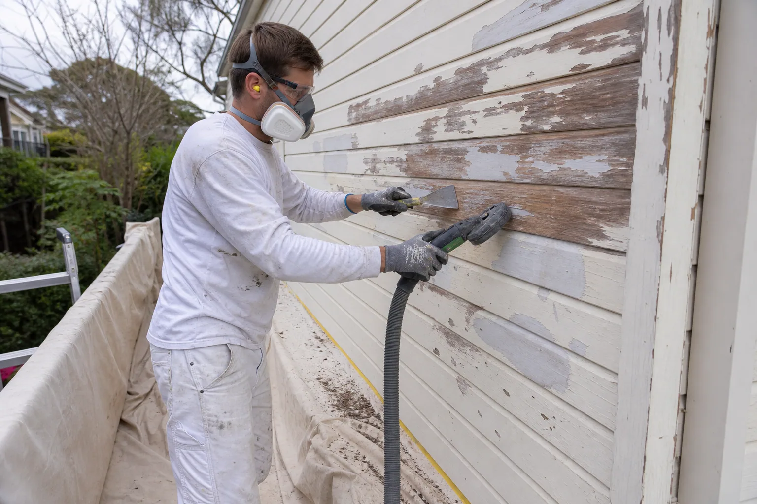 Painter safely sanding failed paint from old weatherboards