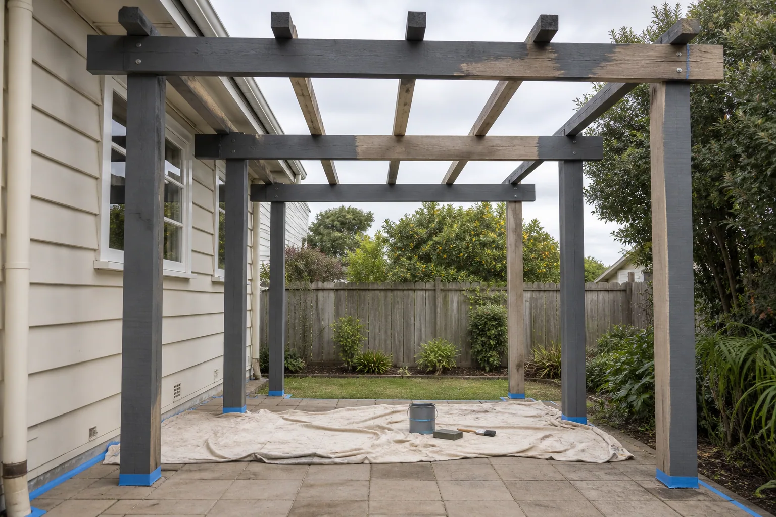 Partly coated timber pergola in an ordinary Auckland backyard