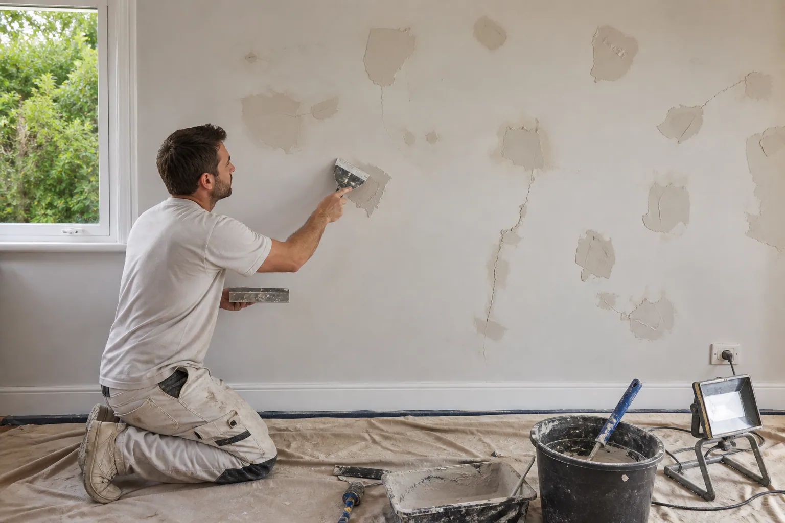 Tradesperson repairing a crack in an interior plaster wall