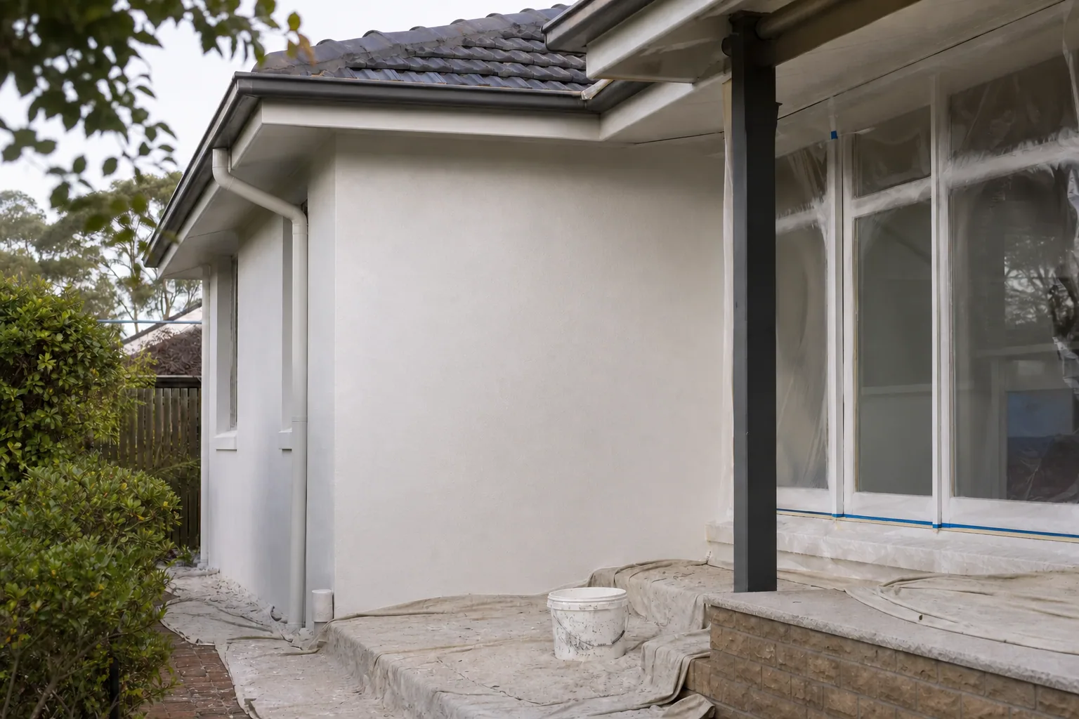 Protected exterior worksite during a residential repaint