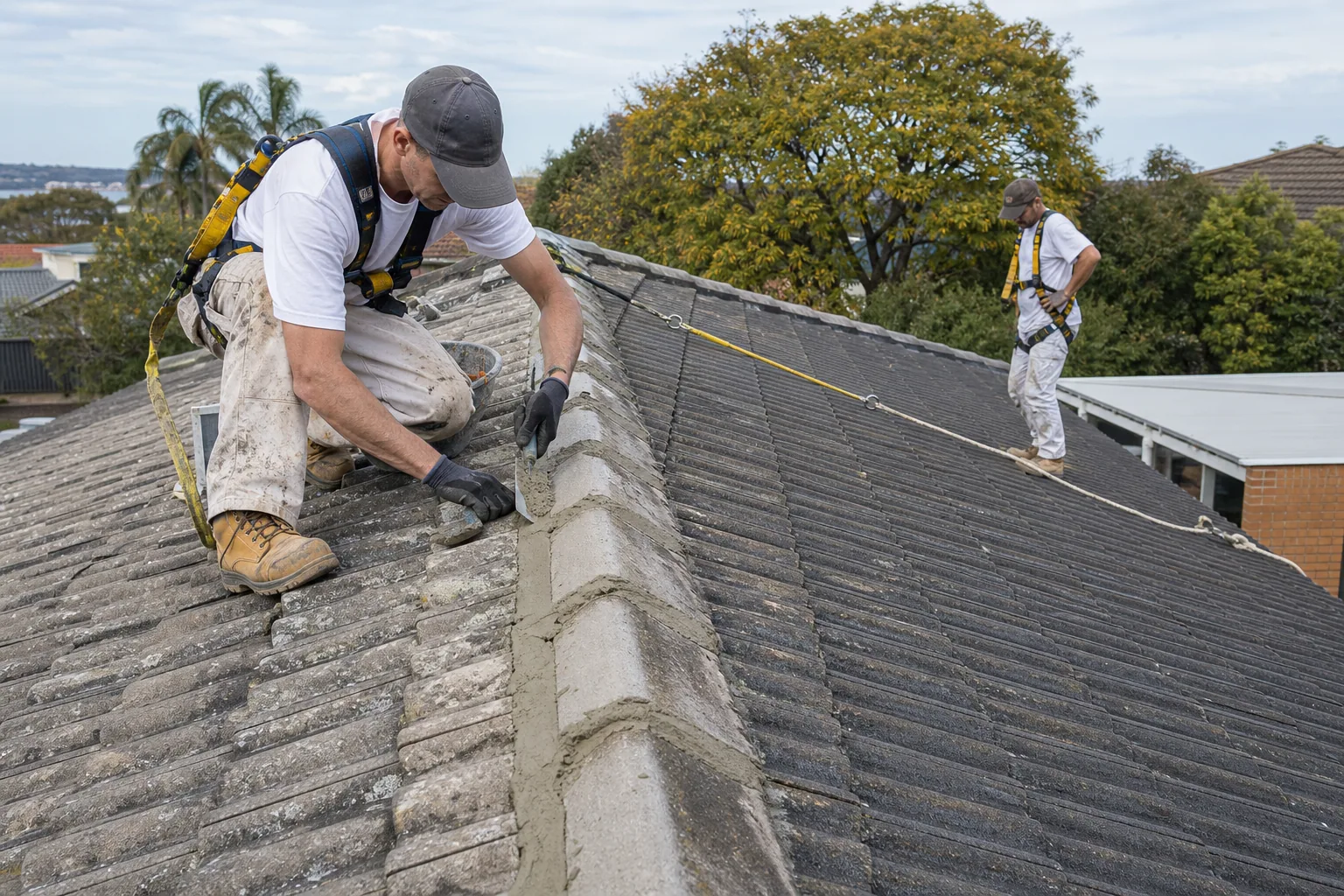 Roof tradespeople repairing ridge caps before applying a coating