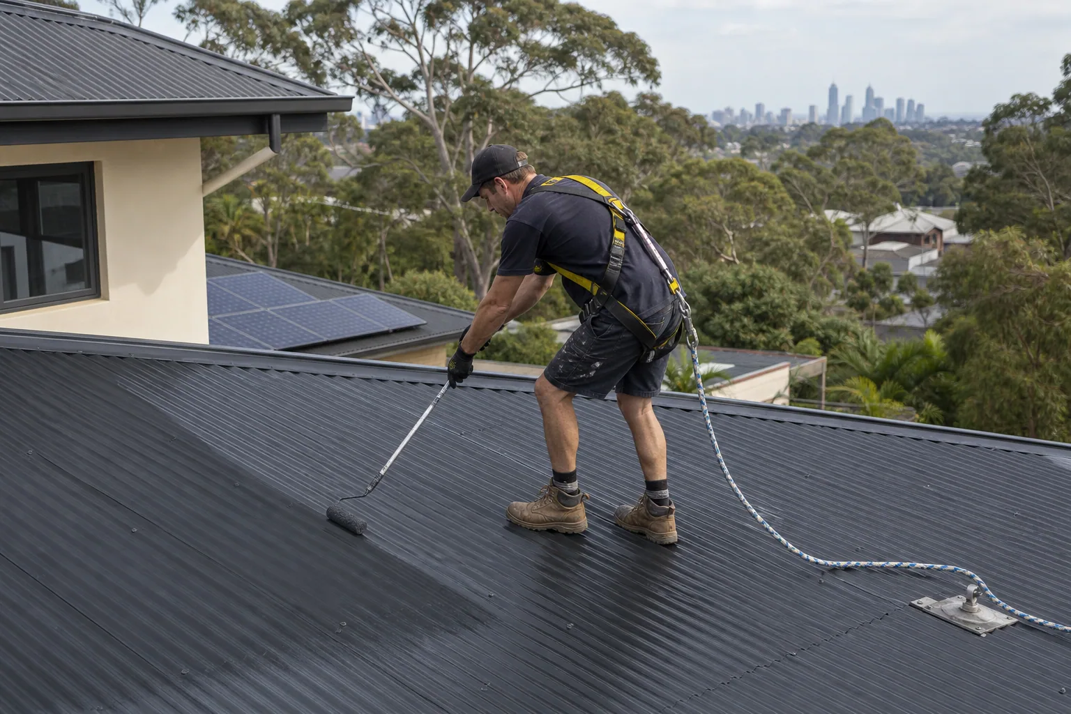 Roof painter applying a protective coating with fall protection