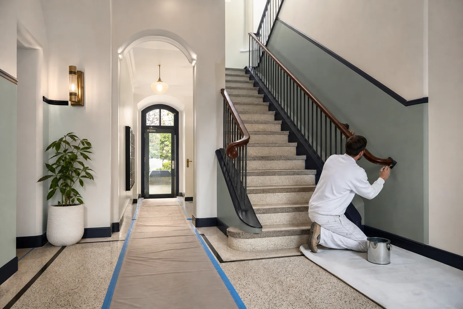 Trim painting in a protected apartment stairwell